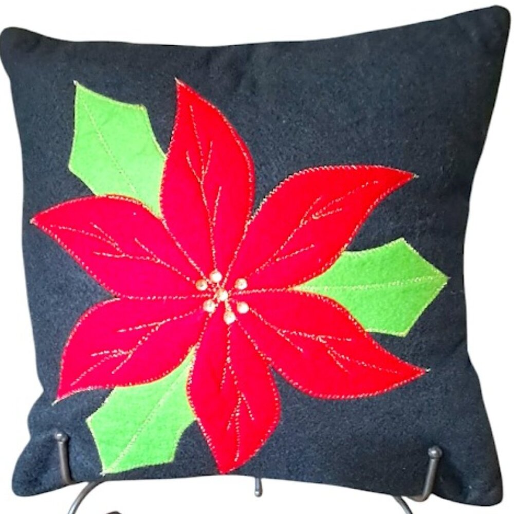 Red Poinsettia on Black, 12x12 Christmas Throw Pillow